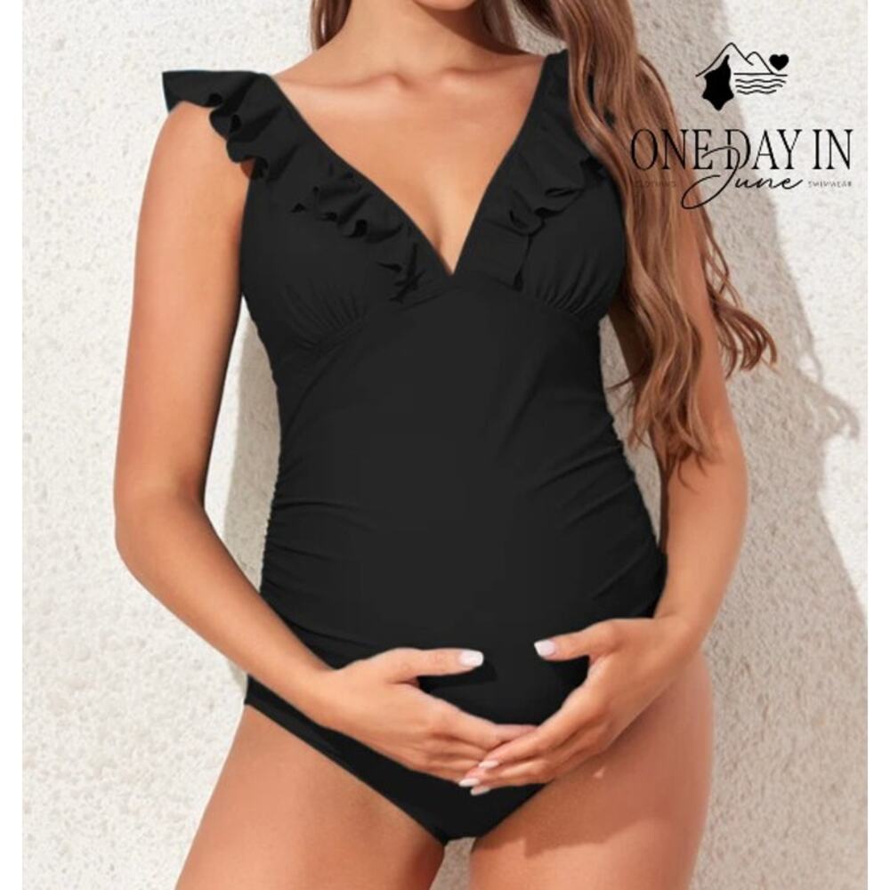 Summermae Maternity Ruffle Shoulder Ribbed One Piece Swimsuit Size L
